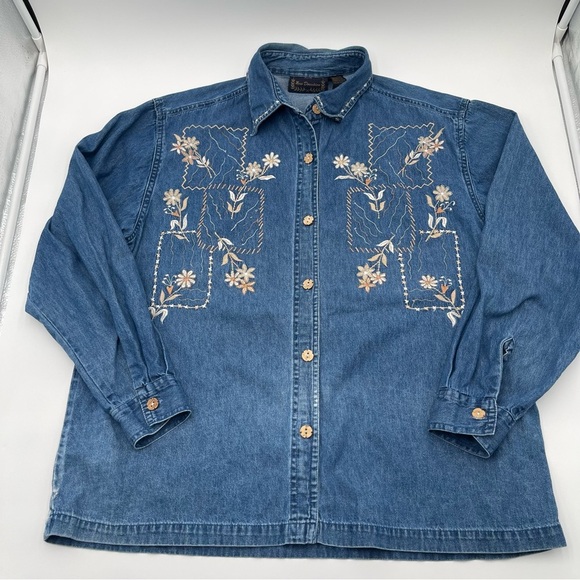 New Direction Floral Embroidered Blue Denim Jean Shirt Jacket Women’s Large - Picture 5 of 14